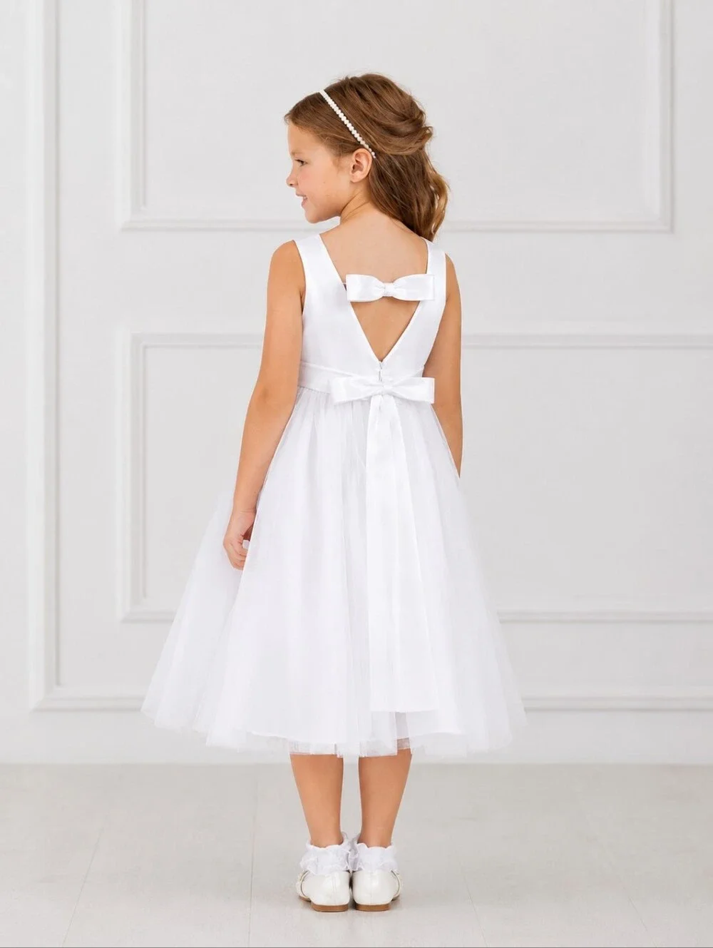 AZAZIE Marlee Flower Girl Dress White Satin Tulle Bow Back Wedding Size 3 NWT